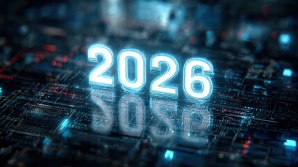 futuristic digital display with the year 2026 in glowing white numerals amidst a blurred backdrop of blue lights and circuit board patterns