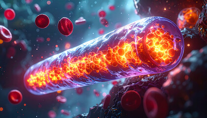 A vibrant, microscopic view of a blood vessel with a glowing, fiery core, surrounded by flowing red blood cells.