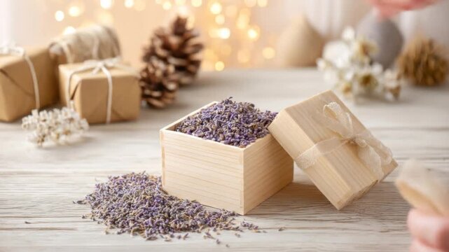A wooden box filled with lavender, a gift box with a bow, and some wrapped packages are displayed