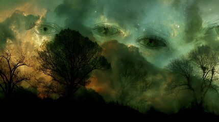 Surreal Forest Scene with Multiple Eyes in Dreamlike Cloudy Sky