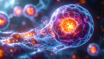 A vibrant, microscopic visualization of a biological cell with a glowing, energetic nucleus and intricate blue membrane.