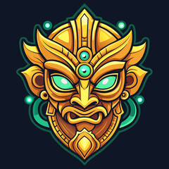 Golden tribal mask with emerald eyes and ornate details