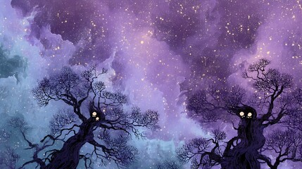 Dark Silhouetted Trees with Glowing Eyes Under Vibrant Purple Starry Sky