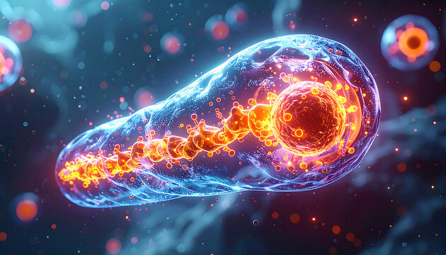 A vibrant microscopic illustration of a biological cell with a glowing orange nucleus and energetic particles. - Powered by Adobe