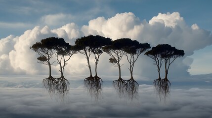 Four Trees Growing Above Clouds with Dramatic Sky and Puffy White Clouds in Background