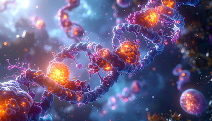 A vibrant, futuristic visualization of a DNA double helix, glowing with purple and orange light amid abstract particles.