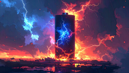 A colossal battery crackles with energy during a dramatic red and blue lightning storm over a fiery, apocalyptic landscape.