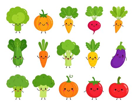 Cute cartoon vegetables with faces arranged in a grid against a white background