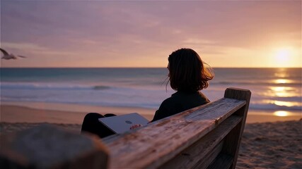 A woman works on a laptop at the beach during sunset, enjoying a digital nomad lifestyle. - Powered by Adobe