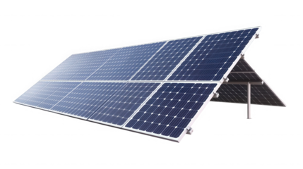 Solar panels array arranged on a support structure on black background on transparent background