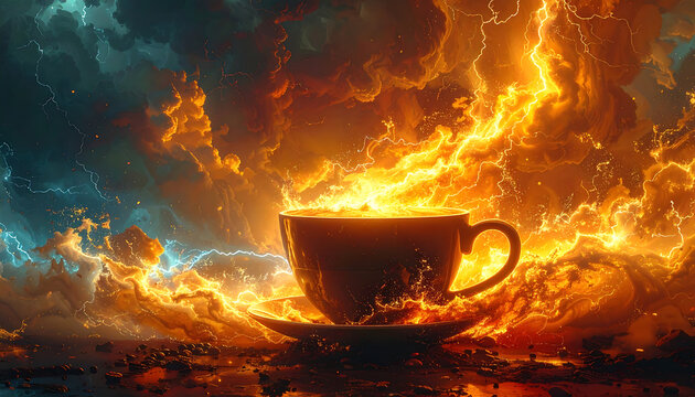 A teacup and saucer sit amidst a cataclysmic storm of swirling fire, lightning, and dark clouds. - Powered by Adobe