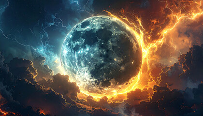 A dramatic celestial moon caught between a storm of blue lightning and fiery orange energy.
