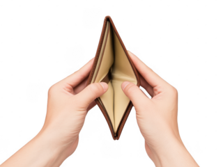 Hands holding empty brown leather wallet isolated on a transparent background