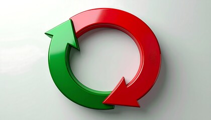 A 3D rendered, circular arrow made of red and green parts, illustrating cycle or process on a white background