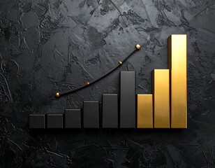 A 3D rendered chart of bars in gold and gray on a textured dark background with an upward trending line