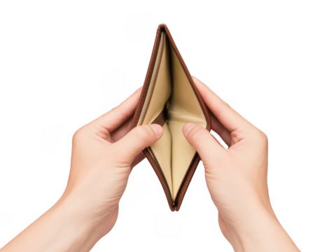 Hands holding empty brown leather wallet isolated on a transparent background