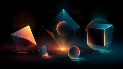 Dynamic collection of glowing geometric shapes, perfect for modern technology and innovation branding projects or futuristic designs