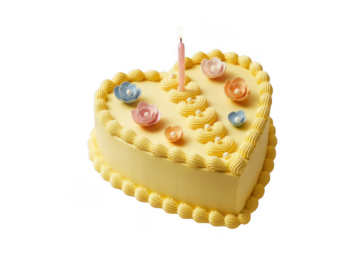 Heart shaped cake with candle and flowers isolated on a transparent background