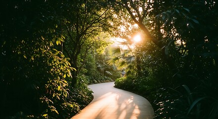 Sunlight filters through lush green trees onto a winding path in a tropical forest.