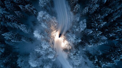 Aerial view of car driving on snowy road through winter forest at night creating a magical, peaceful scenic landscape adventure
