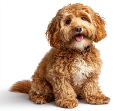 Happy and playful full body golden brown cavoodle sits gracefully, showcasing its fluffy coat and cheerful expression. This adorable dog exudes warmth and joy, making it delightful companion