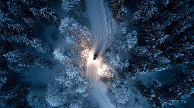 Aerial view of car driving on snowy road through winter forest at night creating a magical, peaceful scenic landscape adventure - Powered by Adobe