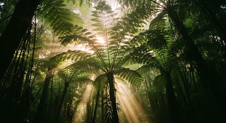 Sunlight Streaming Through Lush Green Tree Fern Canopy in Tropical Forest.