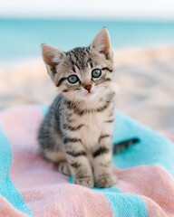 Adorable Tabby Kitten on Beach Towel by the Seaside