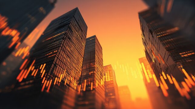 skyscrapers reflecting financial data portraying investment opportunities during a beautiful sunset