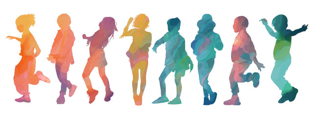 Colorful silhouettes of children in various playful poses, showcasing joy and movement. vibrant hues create lively atmosphere, capturing essence of childhood energy and creativity