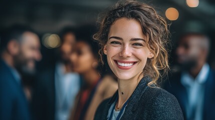 business professional smiling with diverse team in background networking event successful career positive workplace culture teamwork and collaboration