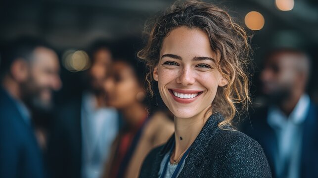 business professional smiling with diverse team in background networking event successful career positive workplace culture teamwork and collaboration