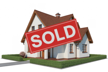 House with red sold sign isolated on a transparent background