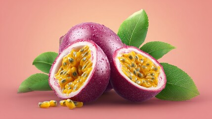 Fresh passion fruit halves glistening with juice offer a vibrant, healthy treat on a delicate pink background for recipes and wellness ads