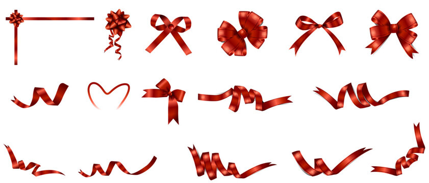 Red realistic bow. Ribbon collection. Holiday gift decoration, Valentine present, Christmas present tape knot, shiny sale ribbons set. Vector illustration Christmas tie for gifts on white background - Powered by Adobe