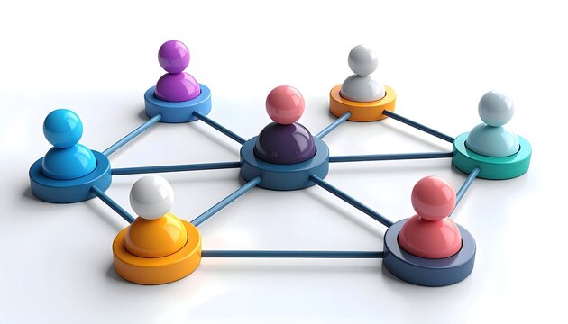 A 3D rendered graphic depicting a network of interconnected colorful human-shaped figures on a white background, suggesting teamwork