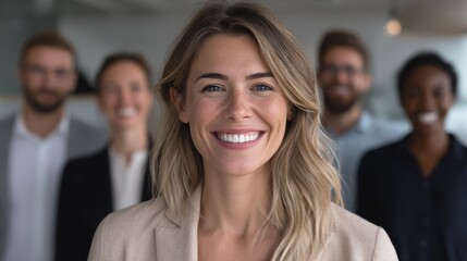confident woman smiling leading diverse team photo closeup shot ai generated
