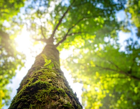 A verdant tree trunk reaching towards the sky, bathed in sunlight
