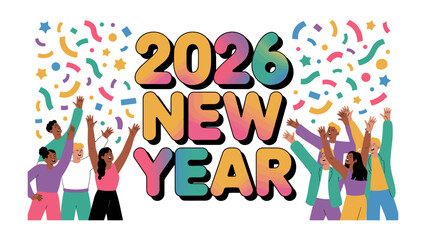 Fototapeta premium Vibrant New Year 2026: An illustrated depiction of jubilant individuals celebrating the upcoming year, accompanied by a festive display of confetti