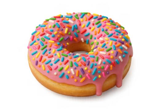 Sweet pink donut with colorful sprinkles and dripping icing. Baked pastry dessert food, transparent background