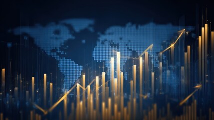 abstract financial growth background with rising bar and line graphs world map overlay and upward arrows modern business data visualization in blue tones with golden highlights symbolizing success