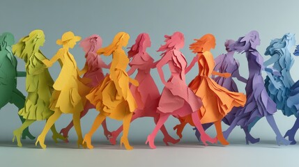 an energetic display of women in a variety of colors illustrating diversity and strength through paper silhouettes for international womens day