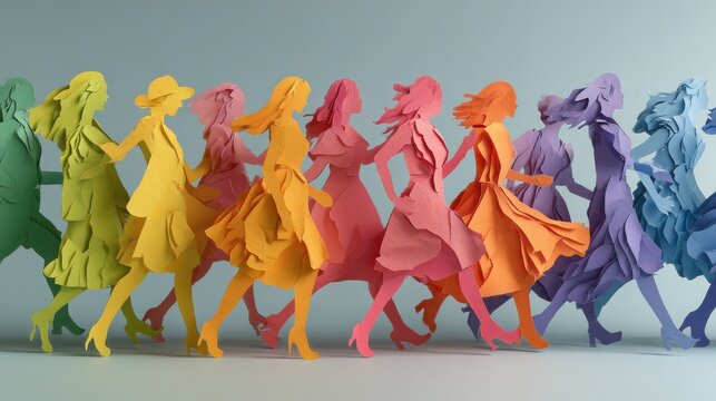 an energetic display of women in a variety of colors illustrating diversity and strength through paper silhouettes for international womens day