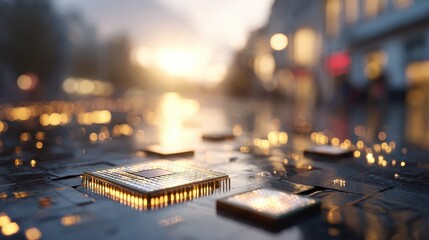 close up of computer microchips on a reflective surface with a blurred urban street scene at sunset and golden sun flare in the background