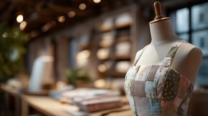 A fashion studio creating garments from reclaimed textiles, designers draping patchwork pieces on mannequins — sustainable fashion, upcycling creativity, and ethical clothing production. cinematic