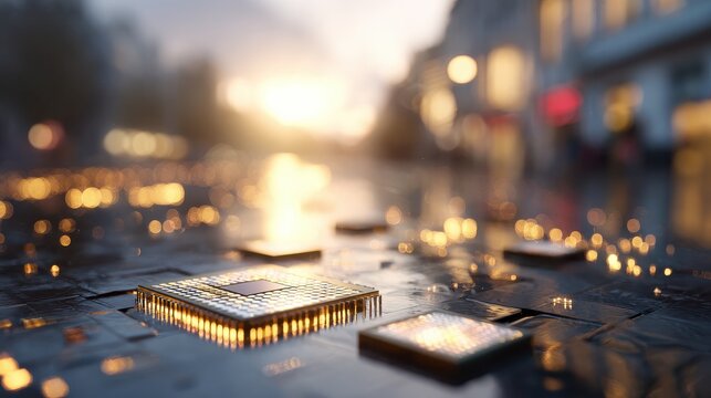 close up of computer microchips on a reflective surface with a blurred urban street scene at sunset and golden sun flare in the background
