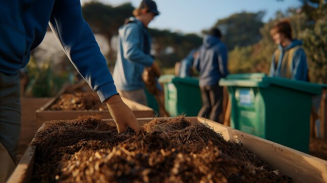 A community composting hub with sealed bins, volunteers raking organic waste, and gardeners collecting nutrient-rich soil — regenerative agriculture, local compost loops, and zero-waste lifestyle. - Powered by Adobe