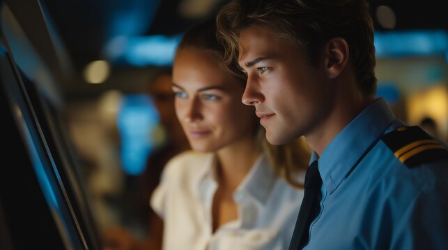 An airport security officer scanning passports under a blue biometric reader, holographic details illuminating as travelers line up behind — travel security, identity verification, and global