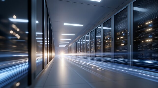 Rows of hyperconverged servers inside a clean modern data store, with streaks of light symbolizing fast data flow &mdash; enterprise cloud storage, scalable architecture, and high-performance computing.