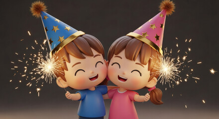Adorable cartoon kids celebrating with sparklers and party hats, radiating joy and friendship perfect for festive promotions and heartwarming content